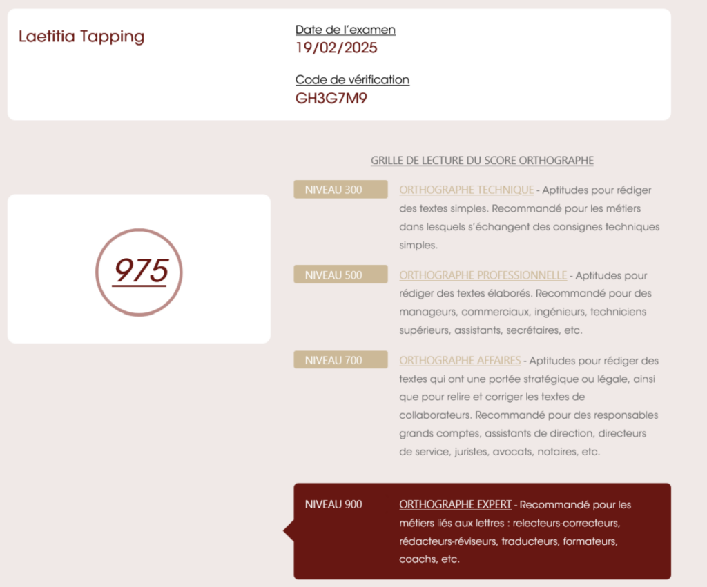 Certificat Voltaire de Laetitia Tapping, rédactrice web experte en langue française